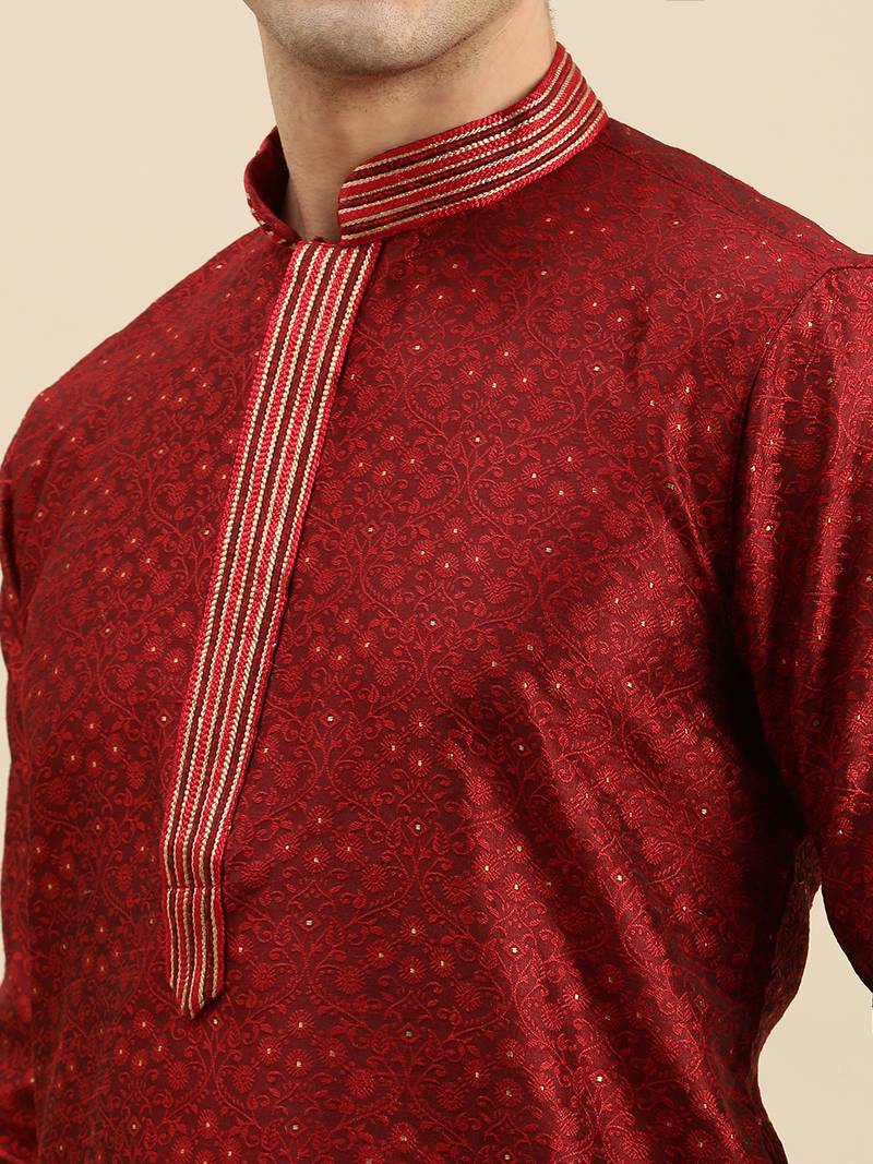 Sanwara Men's Maroon Woven Long Sleeve Art Silk Elegant Kurta with Pyjama