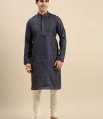 Sanwara Men's Blue Woven Long Sleeve Art Silk Elegant Kurta with Pyjama