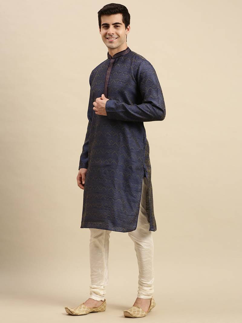 Sanwara Men's Blue Woven Long Sleeve Art Silk Elegant Kurta with Pyjama