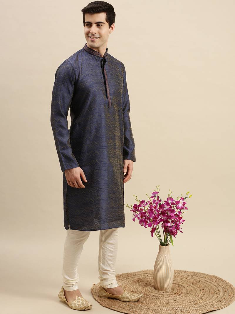Sanwara Men's Blue Woven Long Sleeve Art Silk Elegant Kurta with Pyjama