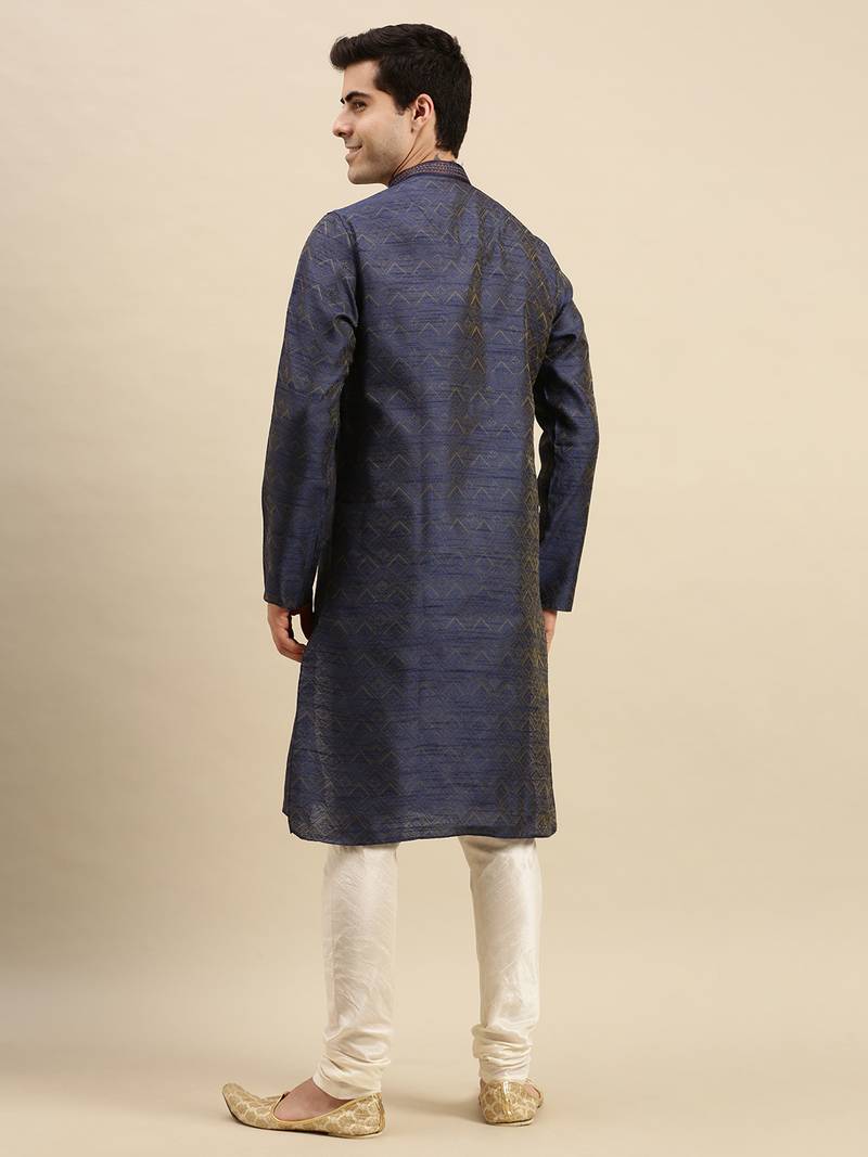 Sanwara Men's Blue Woven Long Sleeve Art Silk Elegant Kurta with Pyjama