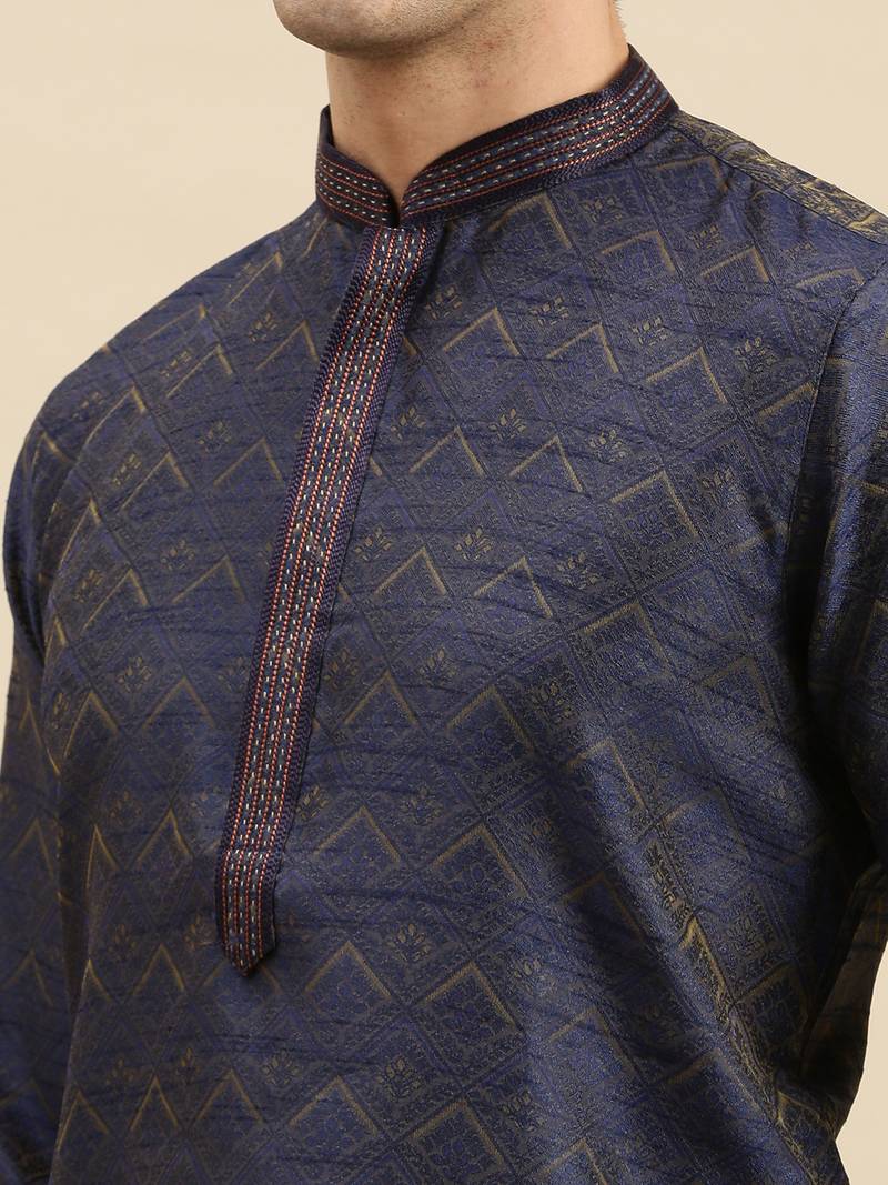 Sanwara Men's Blue Woven Long Sleeve Art Silk Elegant Kurta with Pyjama