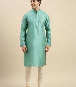 Sanwara Men's Light Green Woven Long Sleeve Art Silk Elegant Kurta with Pyjama