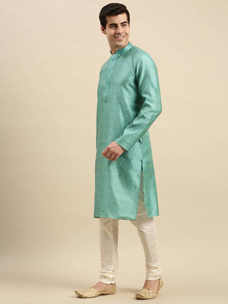 Sanwara Men's Light Green Woven Long Sleeve Art Silk Elegant Kurta with Pyjama