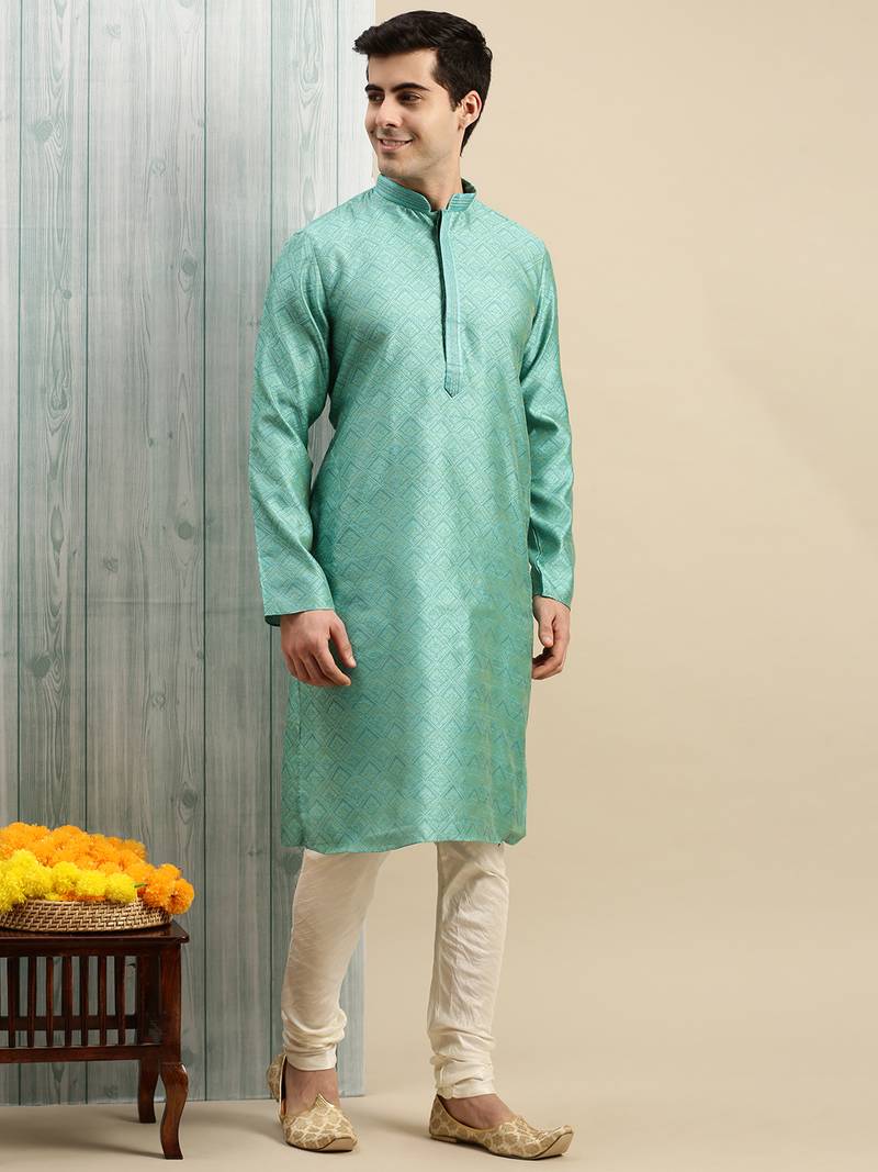 Sanwara Men's Light Green Woven Long Sleeve Art Silk Elegant Kurta with Pyjama