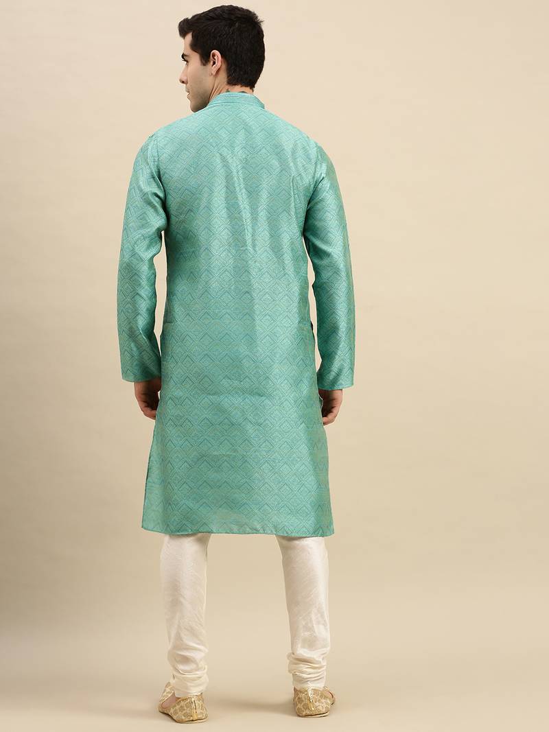Sanwara Men's Light Green Woven Long Sleeve Art Silk Elegant Kurta with Pyjama