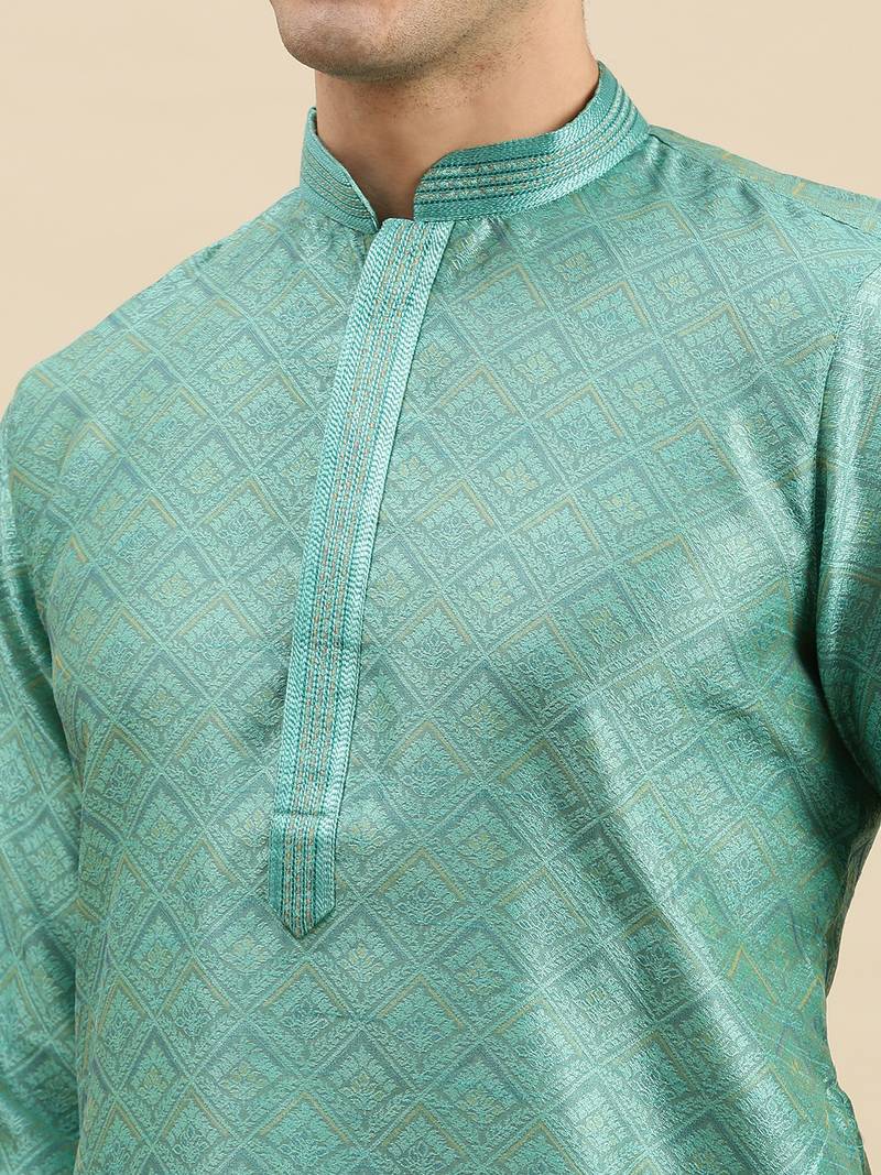 Sanwara Men's Light Green Woven Long Sleeve Art Silk Elegant Kurta with Pyjama