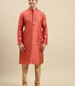 Sanwara Men's Pink Woven Long Sleeve Art Silk Elegant Kurta with Pyjama