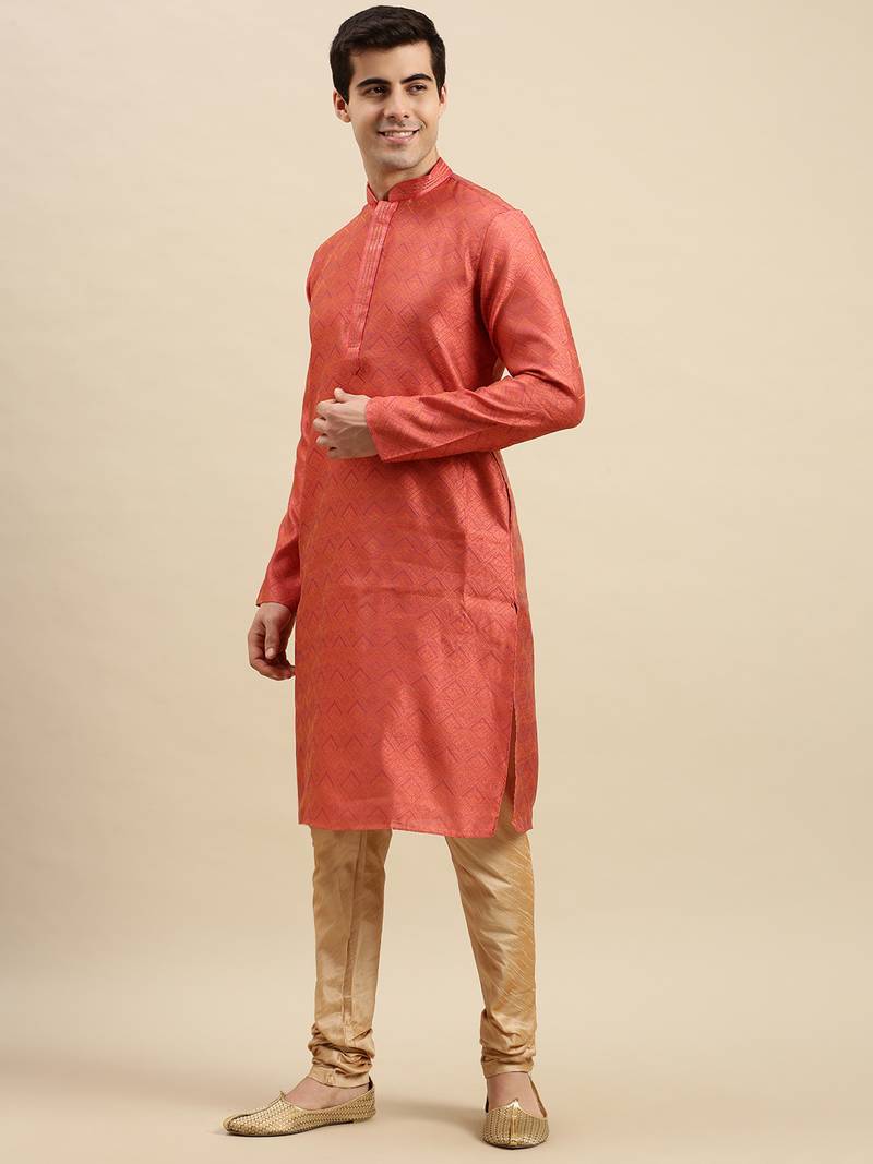 Sanwara Men's Pink Woven Long Sleeve Art Silk Elegant Kurta with Pyjama