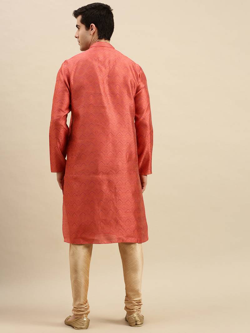Sanwara Men's Pink Woven Long Sleeve Art Silk Elegant Kurta with Pyjama