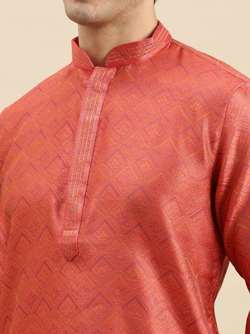Sanwara Men's Pink Woven Long Sleeve Art Silk Elegant Kurta with Pyjama