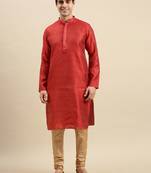 Sanwara Men's Red Woven Long Sleeve Art Silk Elegant Kurta with Pyjama