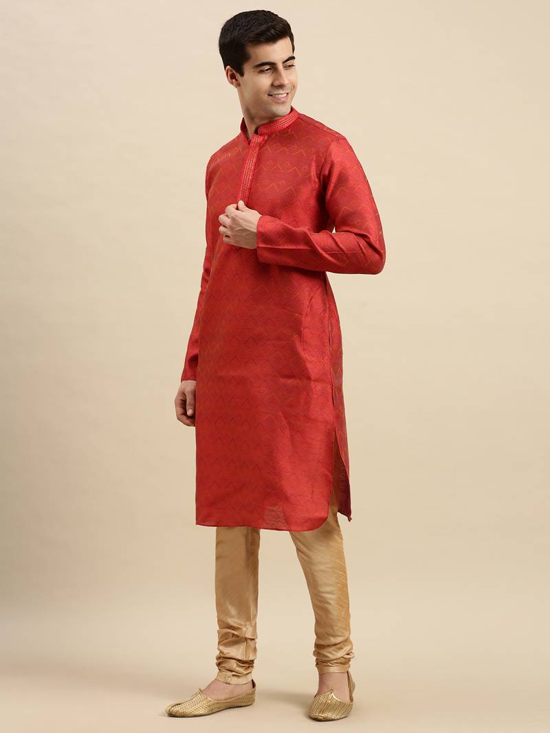 Sanwara Men's Red Woven Long Sleeve Art Silk Elegant Kurta with Pyjama