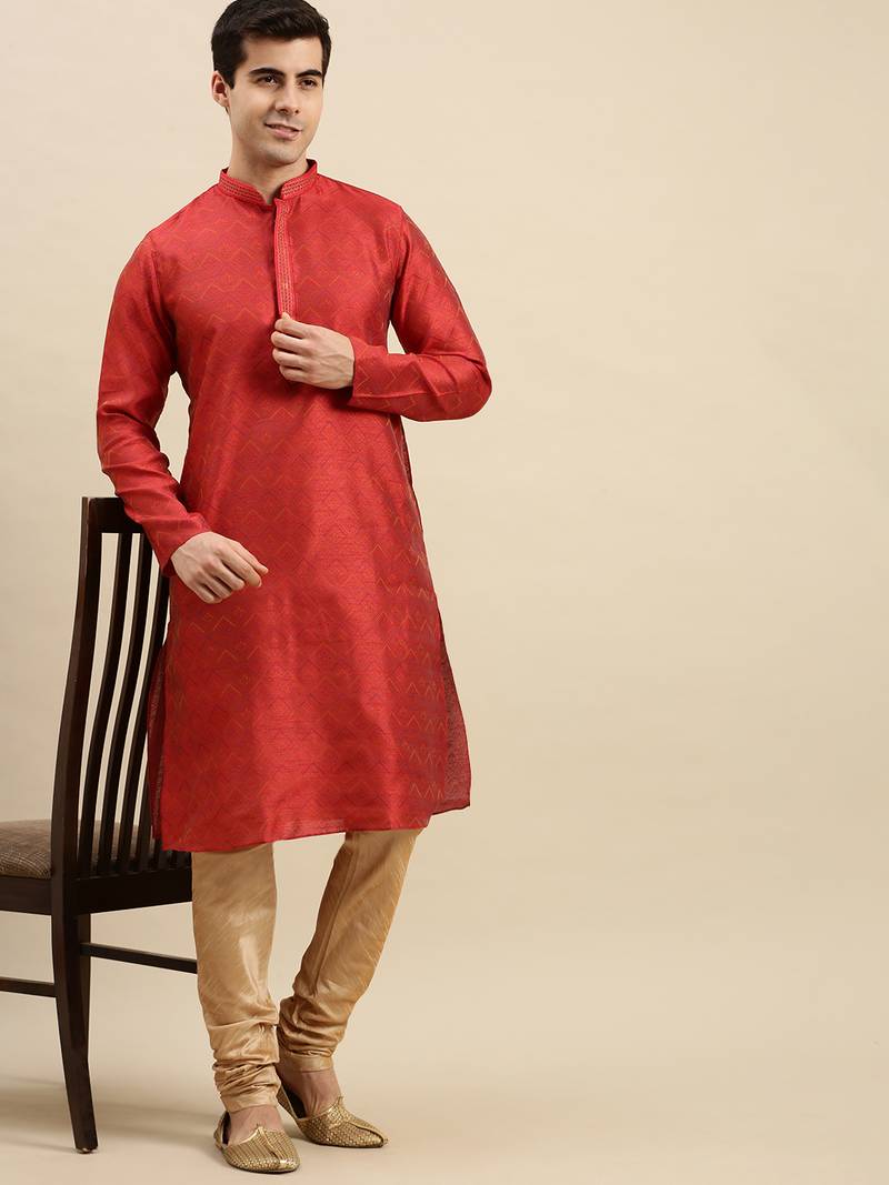 Sanwara Men's Red Woven Long Sleeve Art Silk Elegant Kurta with Pyjama