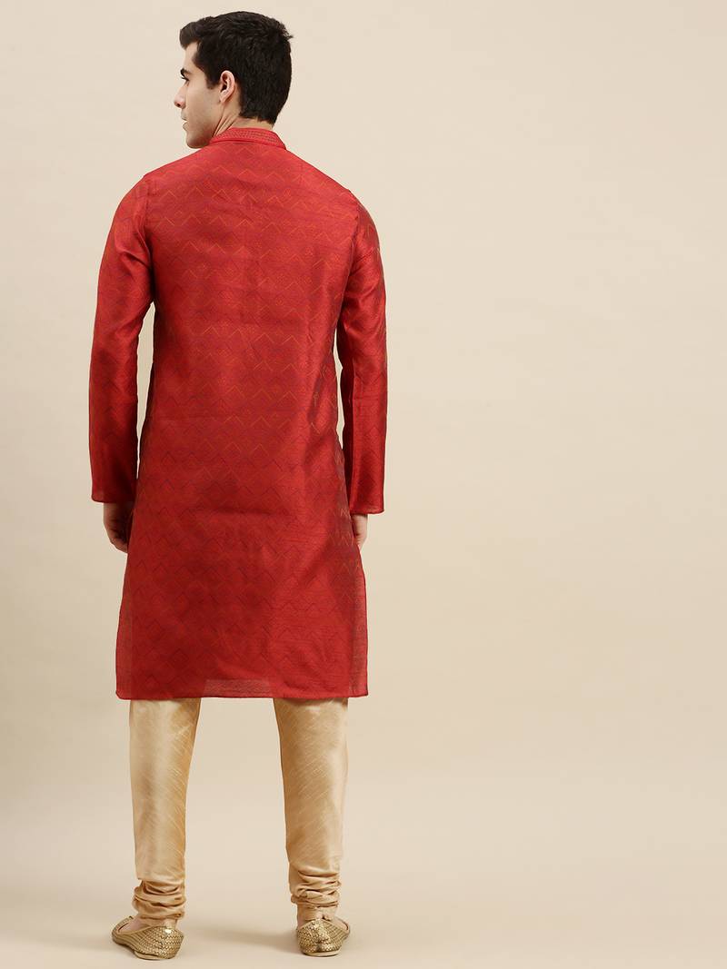 Sanwara Men's Red Woven Long Sleeve Art Silk Elegant Kurta with Pyjama