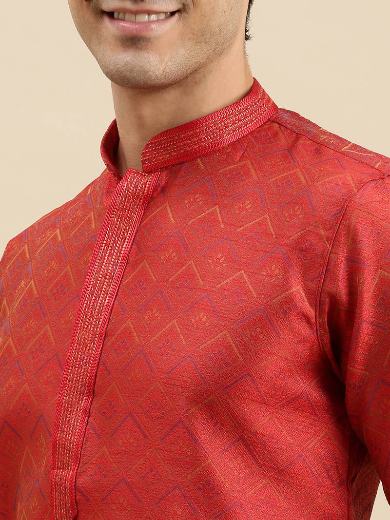 Sanwara Men's Red Woven Long Sleeve Art Silk Elegant Kurta with Pyjama