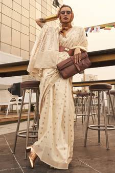 Cream Woven Viscose Saree With Blouse