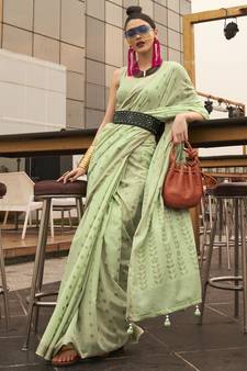 Light Green Woven Viscose Saree With Blouse