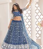 Sea-green embroidered net semi stitched lehenga