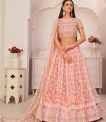 Peach embroidered net semi stitched lehenga