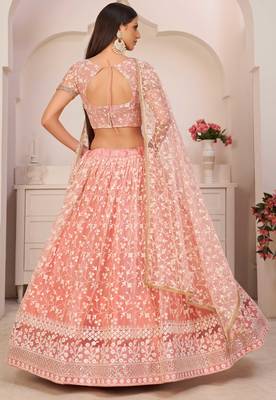 Peach embroidered net semi stitched lehenga 4