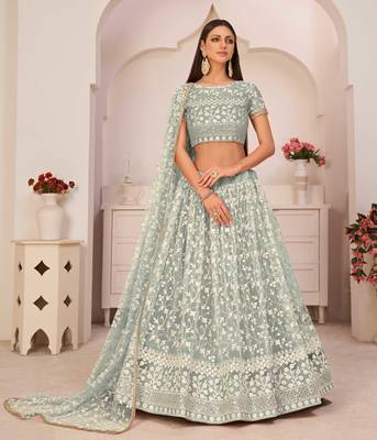 Green embroidered net semi stitched lehenga 2