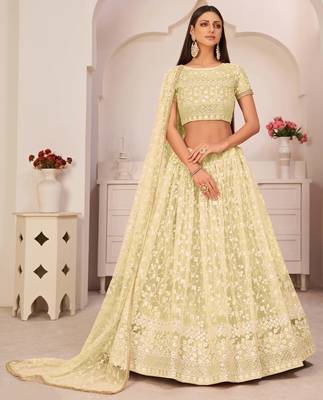 Light-lemon embroidered net semi stitched lehenga 1