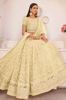 Light-lemon embroidered net semi stitched lehenga