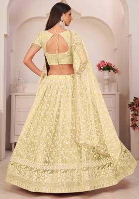 Light-lemon embroidered net semi stitched lehenga 4