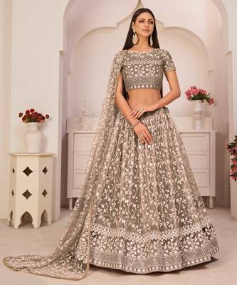 Brown embroidered net semi stitched lehenga 1