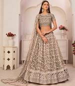 Brown embroidered net semi stitched lehenga