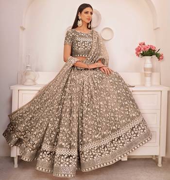 Brown embroidered net semi stitched lehenga 2