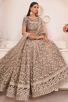 Brown embroidered net semi stitched lehenga