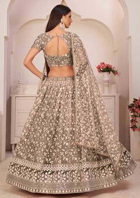 Brown embroidered net semi stitched lehenga 4