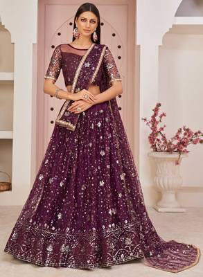 Violet embroidered net semi stitched lehenga 1