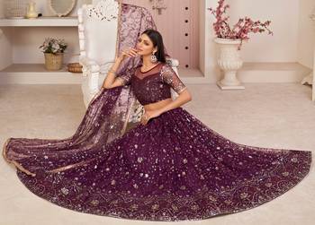 Violet embroidered net semi stitched lehenga 2