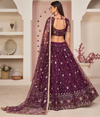 Violet embroidered net semi stitched lehenga 4