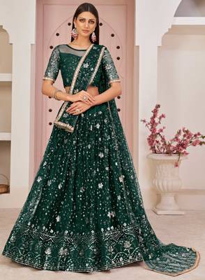 Dark-green embroidered net semi stitched lehenga 1