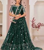 Dark-green embroidered net semi stitched lehenga