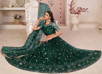 Dark-green embroidered net semi stitched lehenga 2