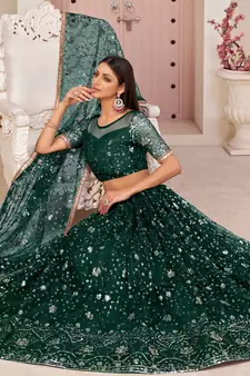 Dark-green embroidered net semi stitched lehenga