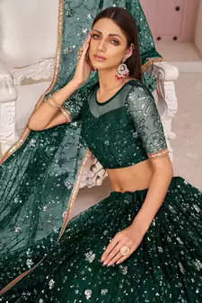Dark-green embroidered net semi stitched lehenga