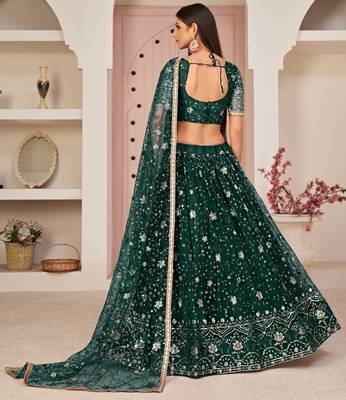 Dark-green embroidered net semi stitched lehenga 4