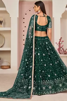 Dark-green embroidered net semi stitched lehenga