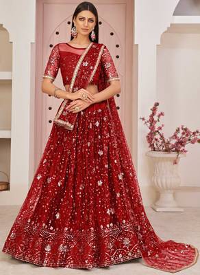 Red embroidered net semi stitched lehenga 1