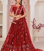 Red embroidered net semi stitched lehenga