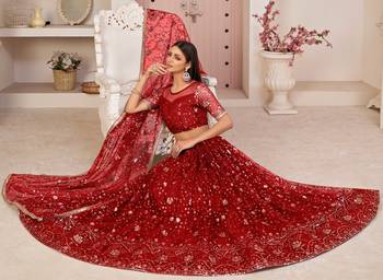 Red embroidered net semi stitched lehenga 2