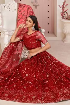 Red embroidered net semi stitched lehenga