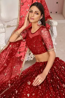 Red embroidered net semi stitched lehenga