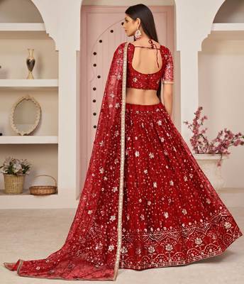 Red embroidered net semi stitched lehenga 4